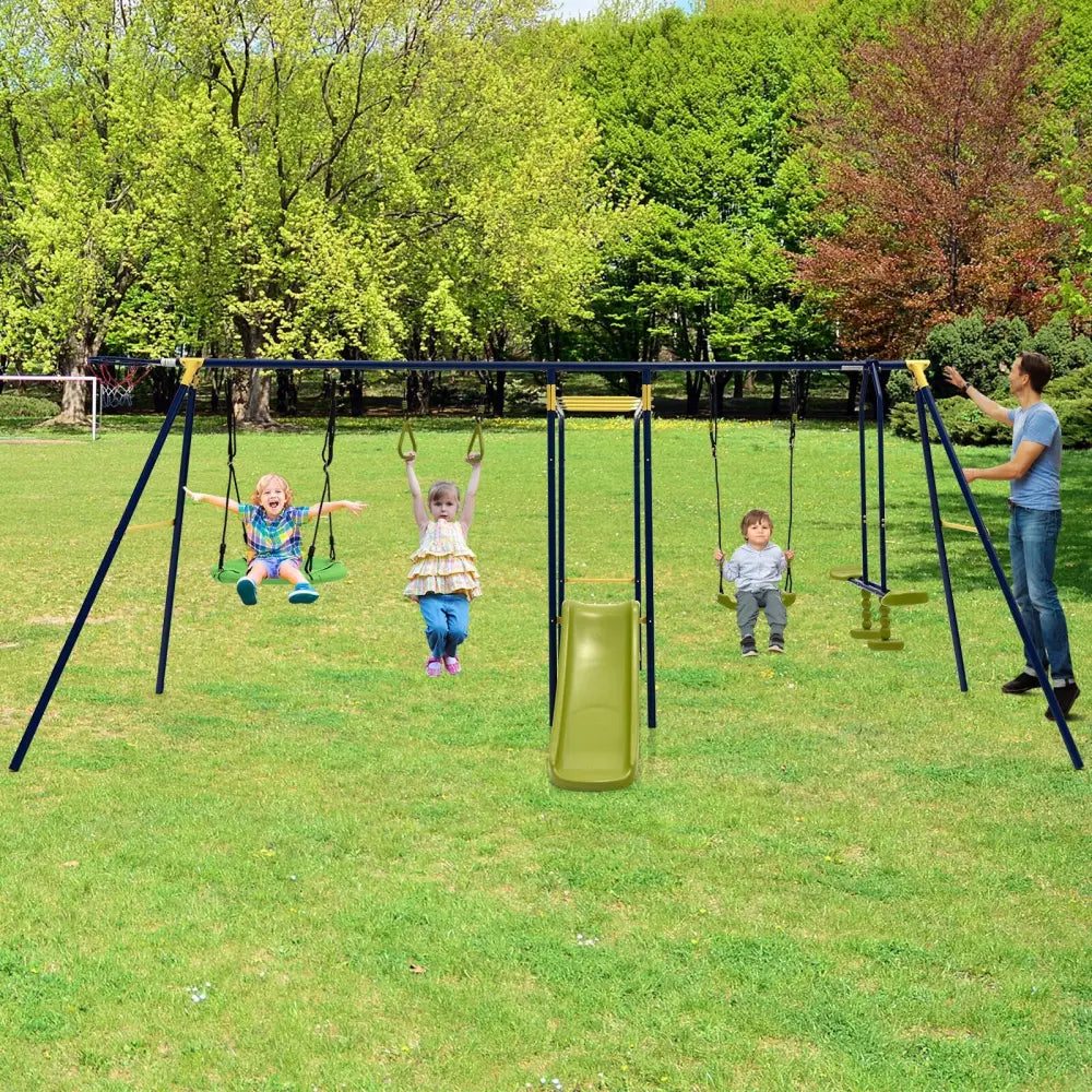 7-in-1 Stable A-shaped Outdoor Swing Set for Backyard - Blue - Swing & Playsets