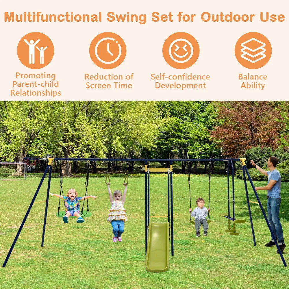 7-in-1 Stable A-shaped Outdoor Swing Set for Backyard - Blue - Swing & Playsets