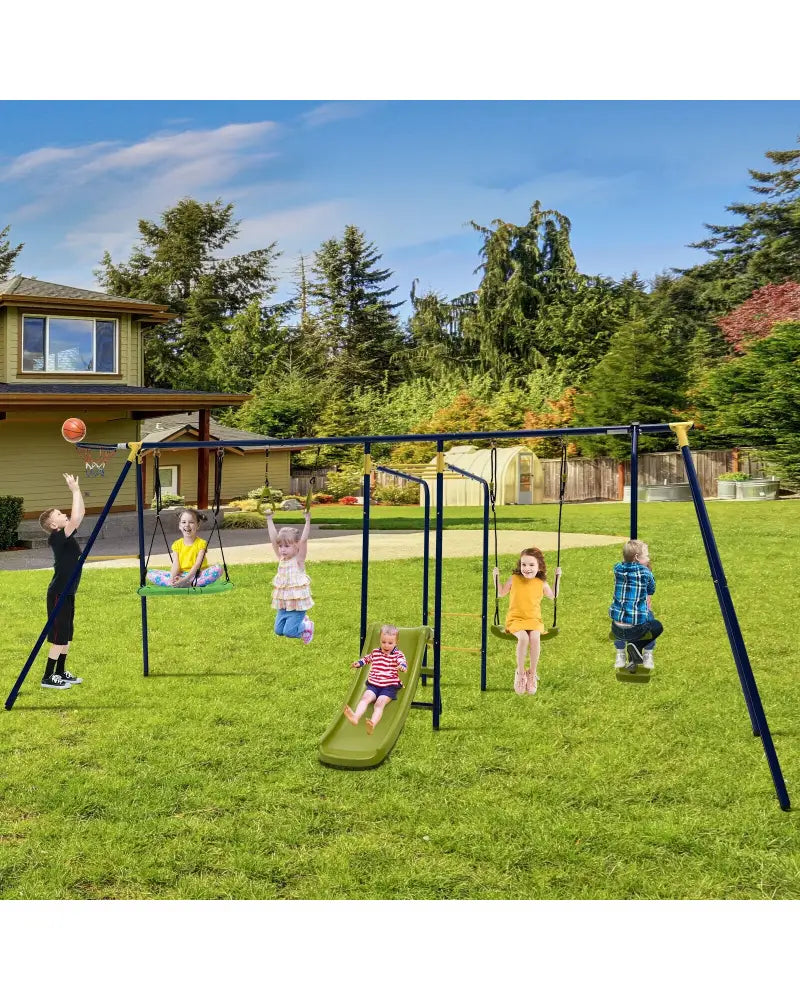 7-in-1 Stable A-shaped Outdoor Swing Set for Backyard - Blue - Swing & Playsets