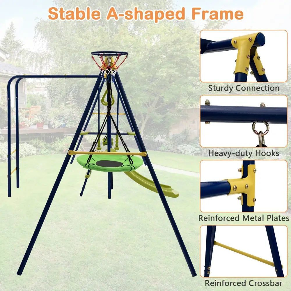 7-in-1 Stable A-shaped Outdoor Swing Set for Backyard - Blue - Swing & Playsets