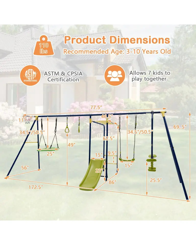7-in-1 Stable A-shaped Outdoor Swing Set for Backyard - Blue - Swing & Playsets