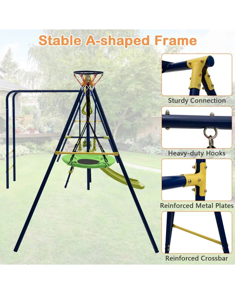 7-in-1 Stable A-shaped Outdoor Swing Set for Backyard - Blue - Swing & Playsets