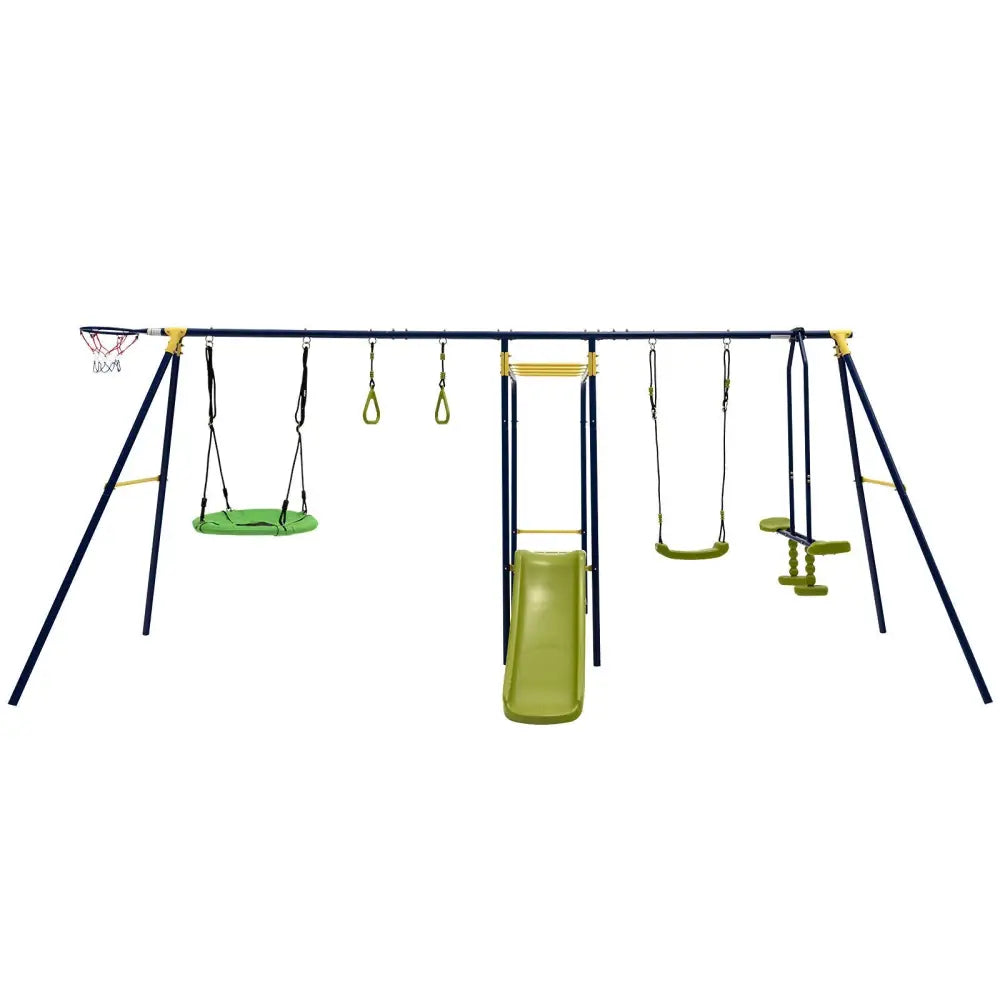 7-in-1 Stable A-shaped Outdoor Swing Set for Backyard - Blue - Swing & Playsets