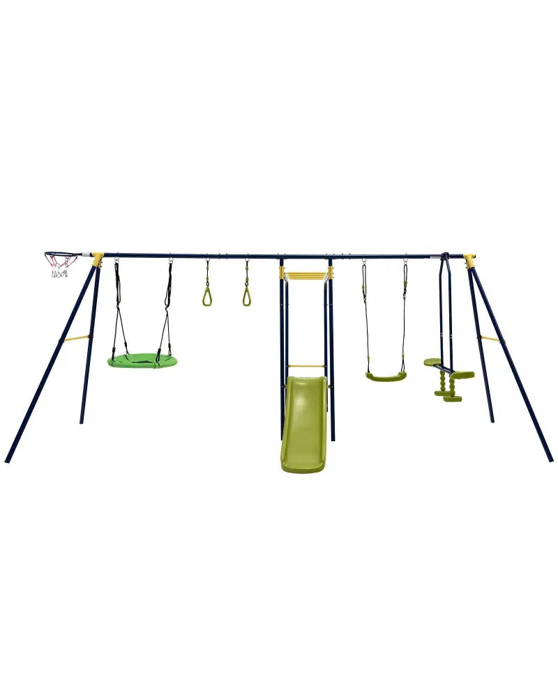 7-in-1 Stable A-shaped Outdoor Swing Set for Backyard - Blue - Swing & Playsets