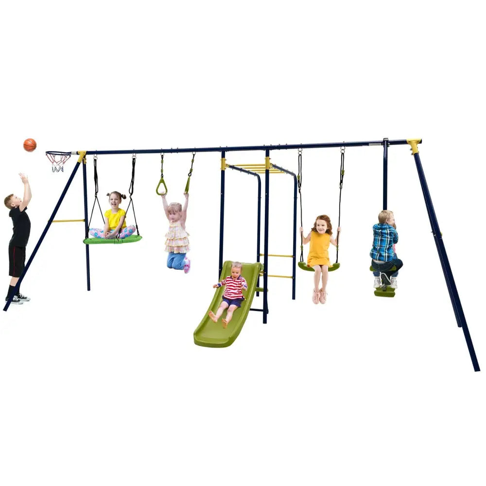 7-in-1 Stable A-shaped Outdoor Swing Set for Backyard - Blue - Swing & Playsets