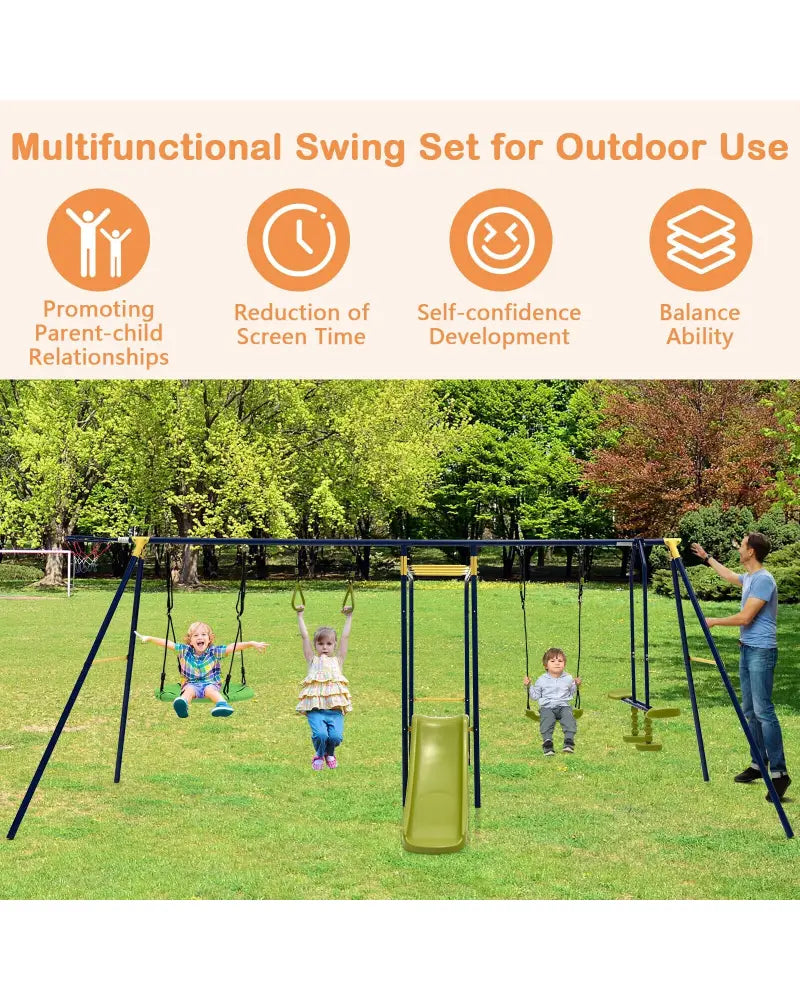 7-in-1 Stable A-shaped Outdoor Swing Set for Backyard - Blue - Swing & Playsets