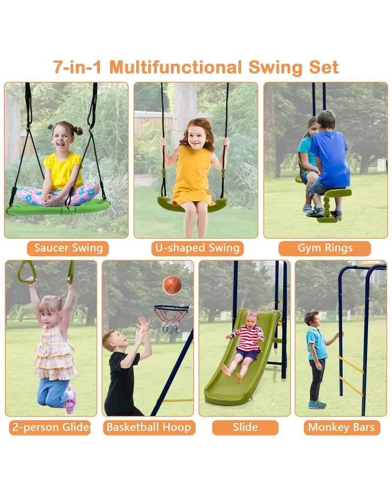 7-in-1 Stable A-shaped Outdoor Swing Set for Backyard - Blue - Swing & Playsets