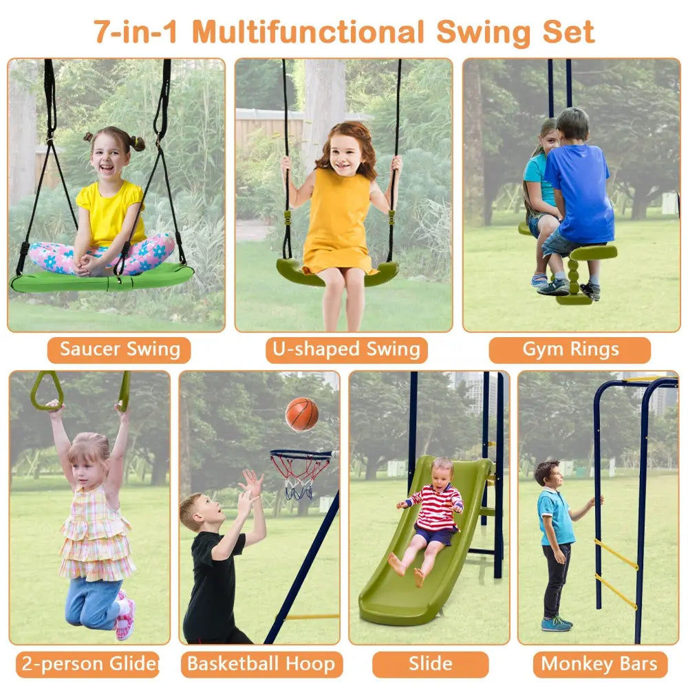 7-in-1 Stable A-shaped Outdoor Swing Set for Backyard - Blue - Swing & Playsets