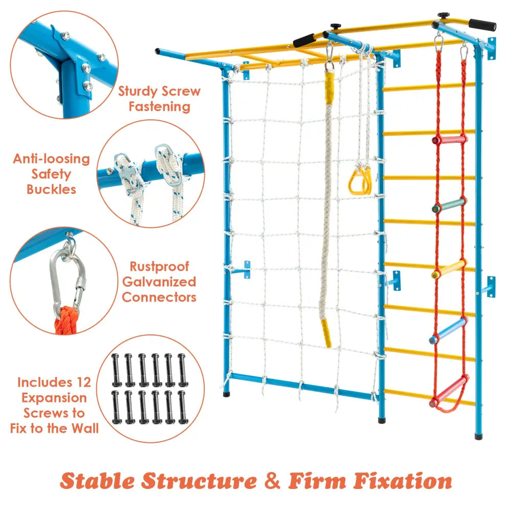 7-in-1 Swedish Ladder with Folding Gymnastics Mat for Solid Wall for Kids - Blue - Climbers & Slides