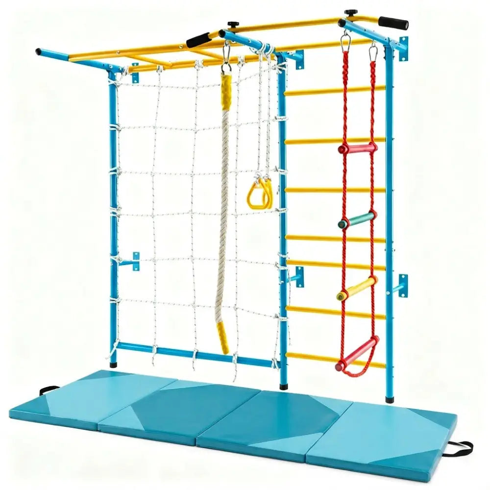 7-in-1 Swedish Ladder with Folding Gymnastics Mat for Solid Wall for Kids - Blue - Climbers & Slides