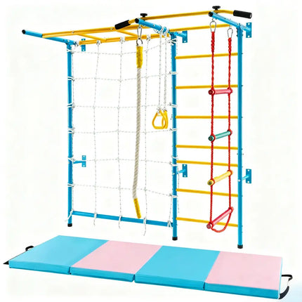 7-in-1 Swedish Ladder with Folding Gymnastics Mat for Solid Wall for Kids - Blue - Climbers & Slides