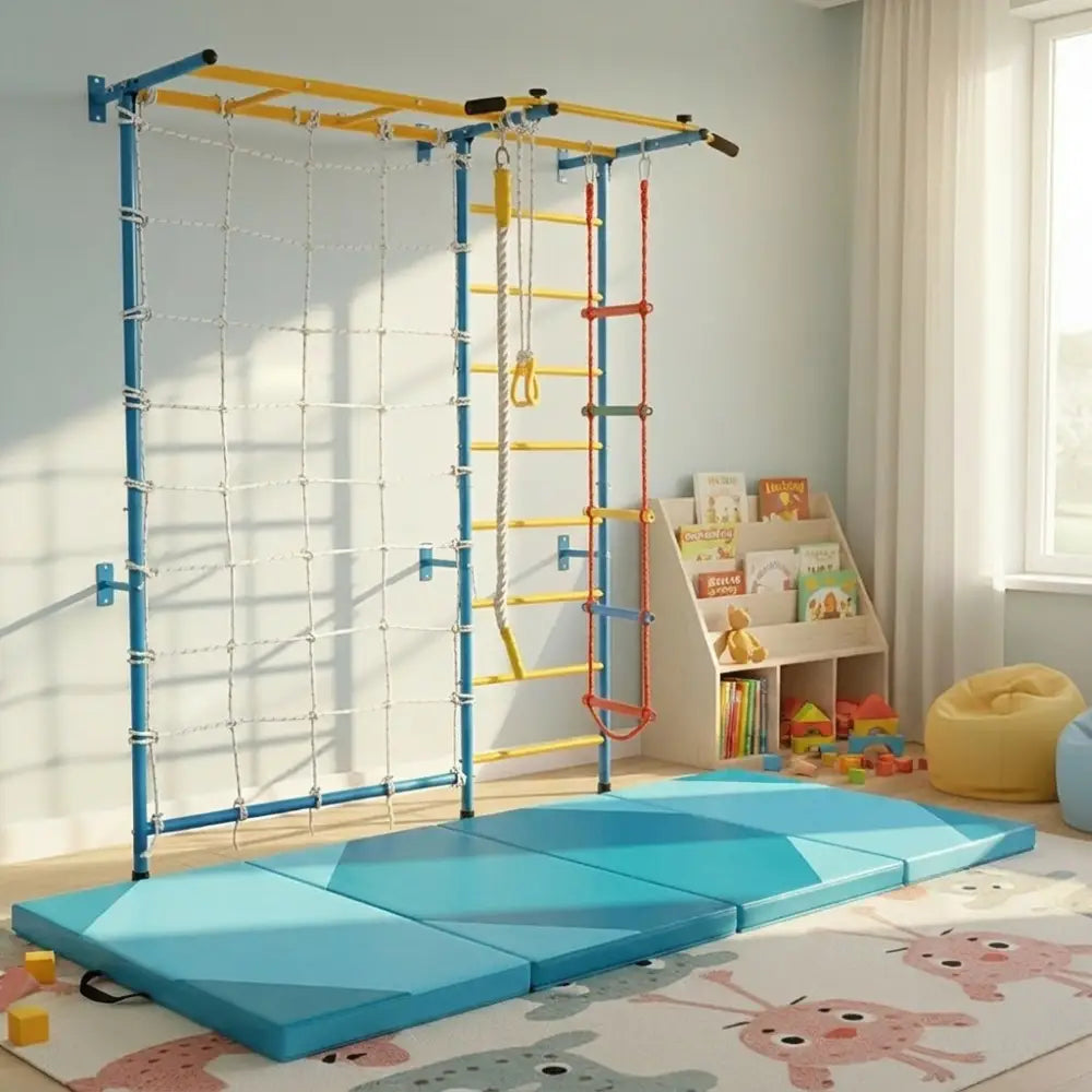 7-in-1 Swedish Ladder with Folding Gymnastics Mat for Solid Wall for Kids - Blue - Climbers & Slides