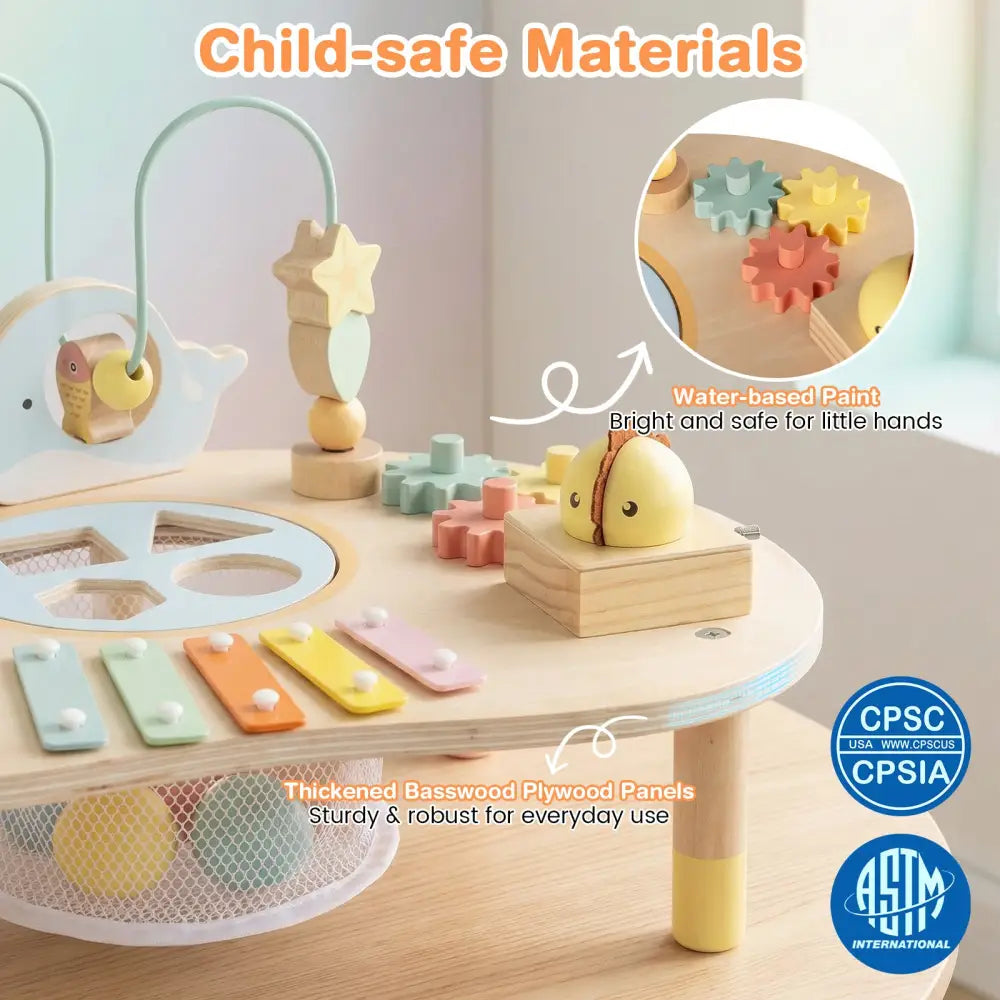7-in-1 Toddler Activity Table Montessori Sensory Toy for 12 Month+ Wooden Musical Play Table - Learning Toys