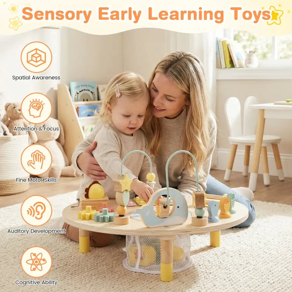 7-in-1 Toddler Activity Table Montessori Sensory Toy for 12 Month+ Wooden Musical Play Table - Learning Toys