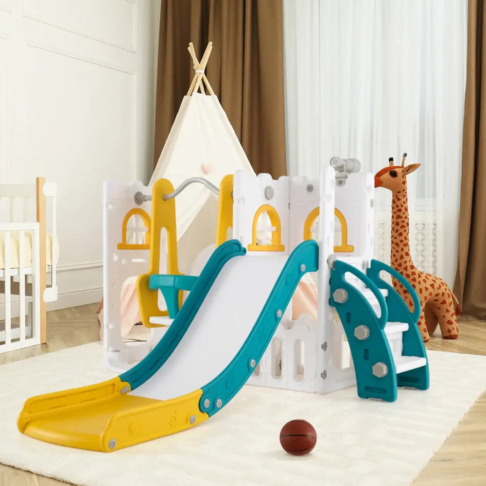 7-in-1 Toddler Swing and Slide Set L-shaped with Ladder and Basketball Hoop-Yellow - Yellow - Climbers & Slides