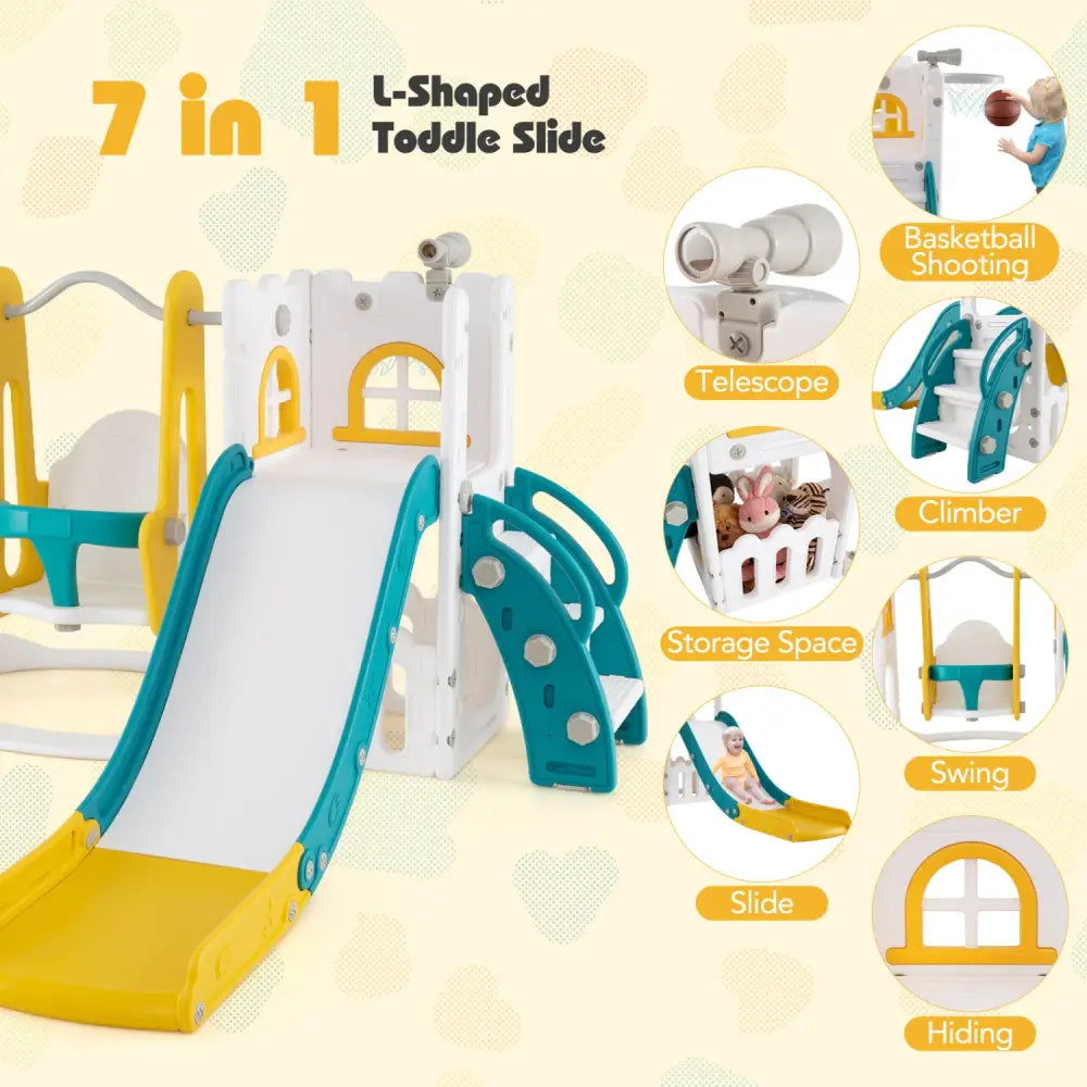 7-in-1 Toddler Swing and Slide Set L-shaped with Ladder and Basketball Hoop-Yellow - Yellow - Climbers & Slides