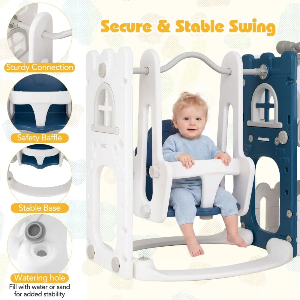 7-in-1 Toddler Swing and Slide Set L-shaped with Ladder and Basketball Hoop-Blue - Blue - Climbers & Slides