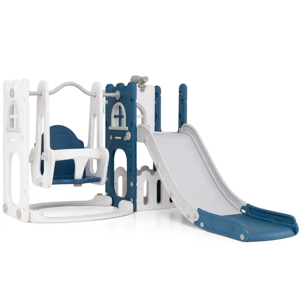 7-in-1 Toddler Swing and Slide Set L-shaped with Ladder and Basketball Hoop-Blue - Blue - Climbers & Slides
