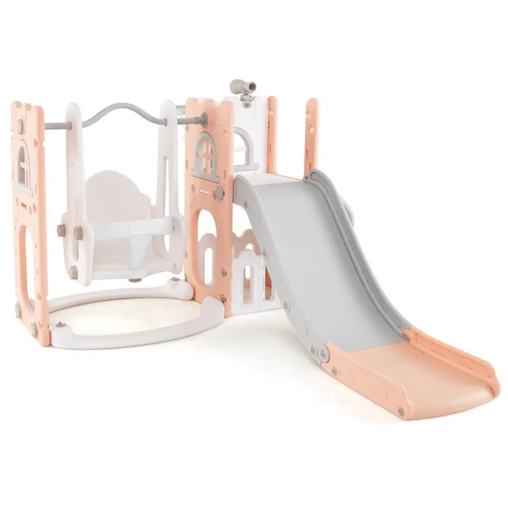 7-in-1 Toddler Swing and Slide Set L-shaped with Ladder and Basketball Hoop-Pink - Pink - Climbers & Slides