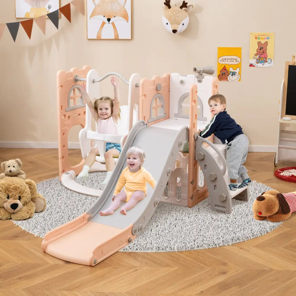 7-in-1 Toddler Swing and Slide Set L-shaped with Ladder and Basketball Hoop-Pink - Pink - Climbers & Slides