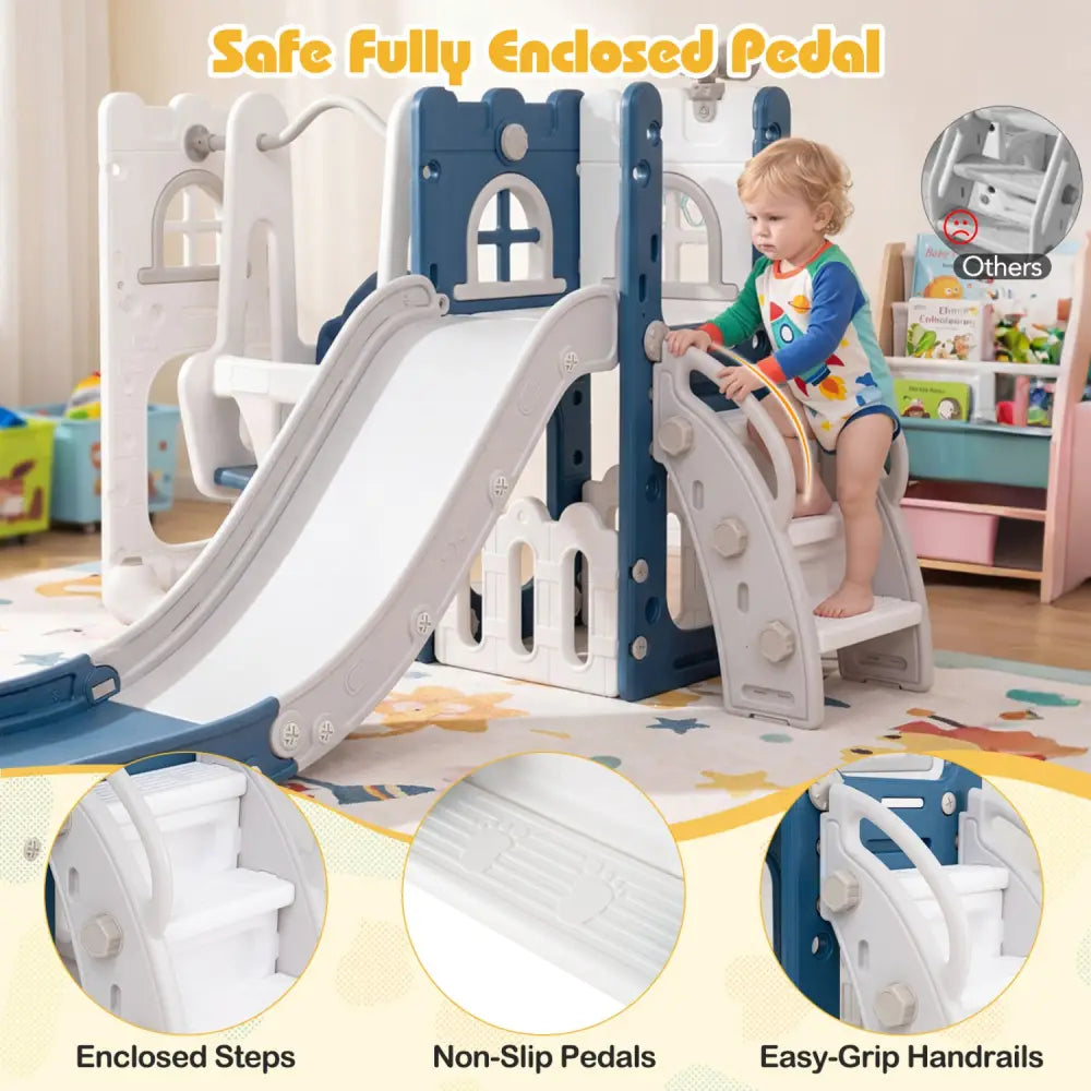 7-in-1 Toddler Swing and Slide Set L-shaped with Ladder and Basketball Hoop-Blue - Blue - Climbers & Slides