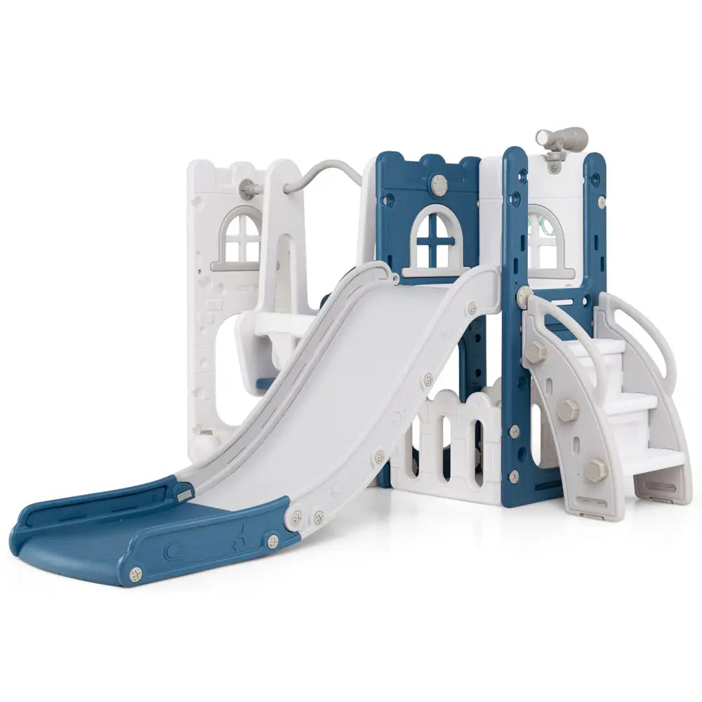 7-in-1 Toddler Swing and Slide Set L-shaped with Ladder and Basketball Hoop-Blue - Blue - Climbers & Slides