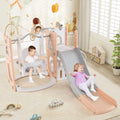 7-in-1 Toddler Swing and Slide Set L-shaped with Ladder and Basketball Hoop-Pink - Pink - Climbers & Slides