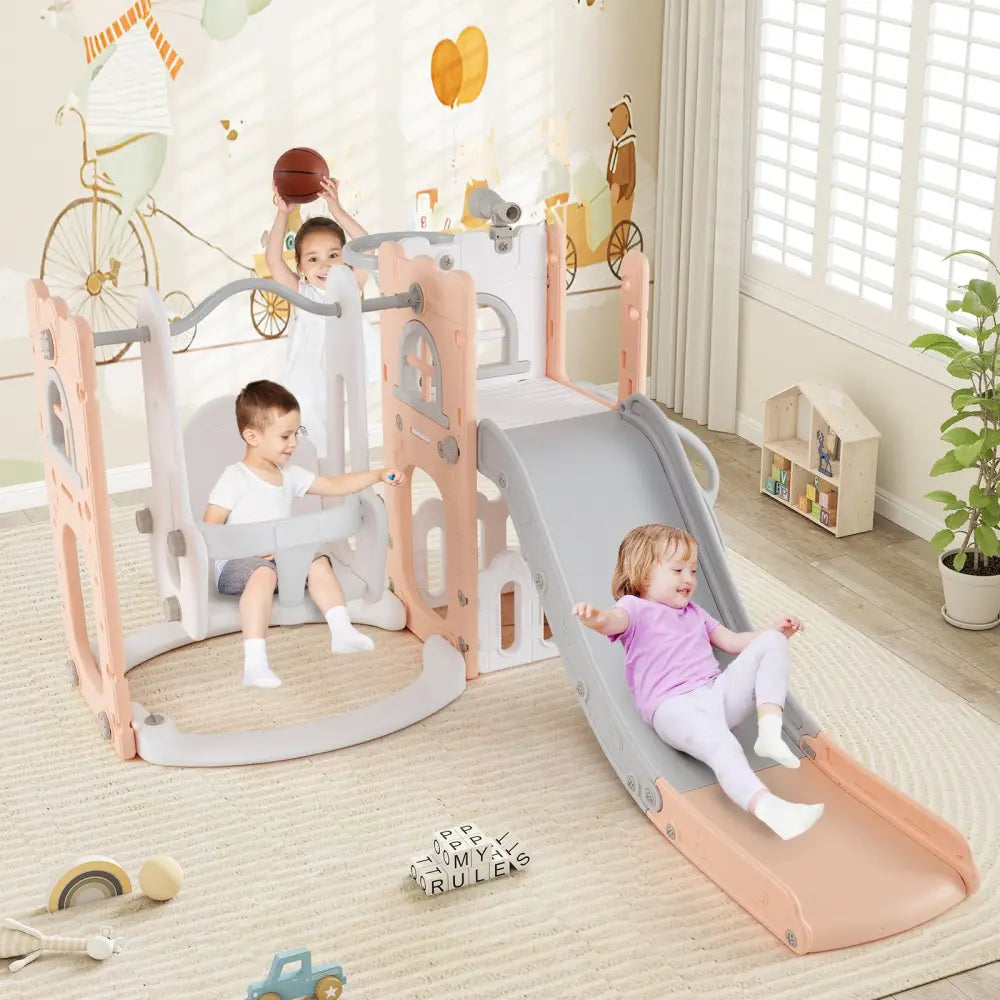 7-in-1 Toddler Swing and Slide Set L-shaped with Ladder and Basketball Hoop-Pink - Pink - Climbers & Slides