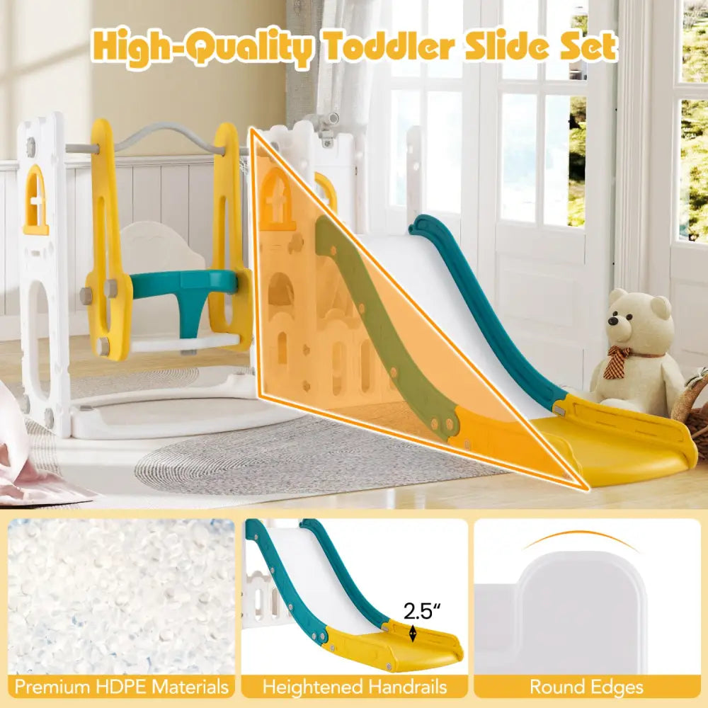 7-in-1 Toddler Swing and Slide Set L-shaped with Ladder and Basketball Hoop-Yellow - Yellow - Climbers & Slides