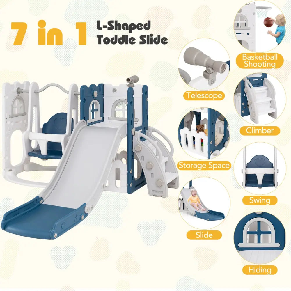 7-in-1 Toddler Swing and Slide Set L-shaped with Ladder and Basketball Hoop-Blue - Blue - Climbers & Slides