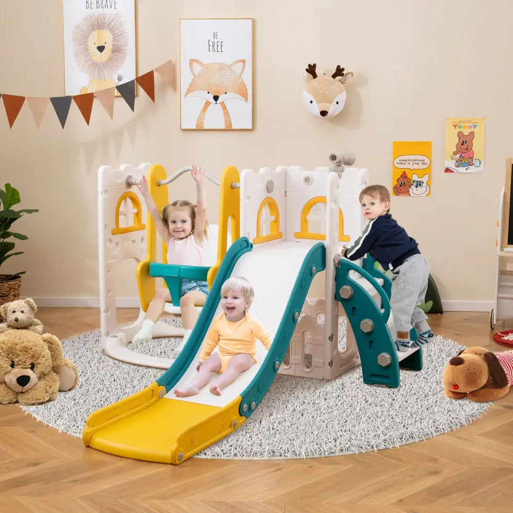 7-in-1 Toddler Swing and Slide Set L-shaped with Ladder and Basketball Hoop-Yellow - Yellow - Climbers & Slides