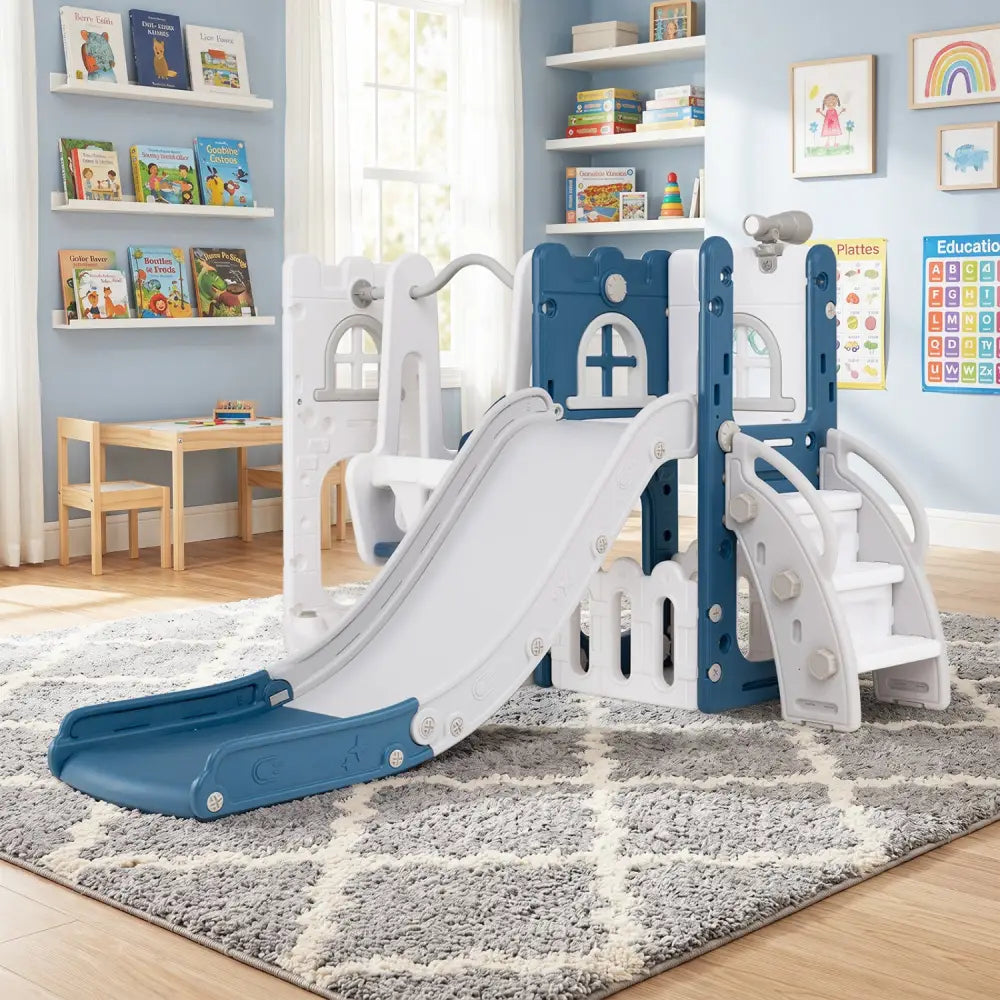 7-in-1 Toddler Swing and Slide Set L-shaped with Ladder and Basketball Hoop-Blue - Blue - Climbers & Slides
