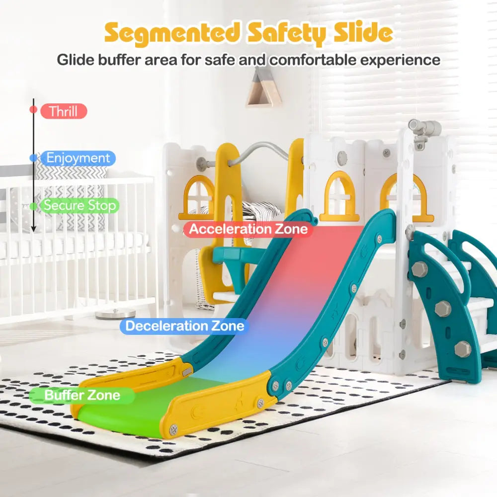 7-in-1 Toddler Swing and Slide Set L-shaped with Ladder and Basketball Hoop-Yellow - Yellow - Climbers & Slides