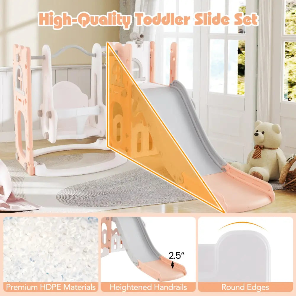7-in-1 Toddler Swing and Slide Set L-shaped with Ladder and Basketball Hoop-Pink - Pink - Climbers & Slides
