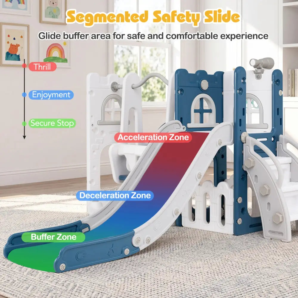 7-in-1 Toddler Swing and Slide Set L-shaped with Ladder and Basketball Hoop-Blue - Blue - Climbers & Slides