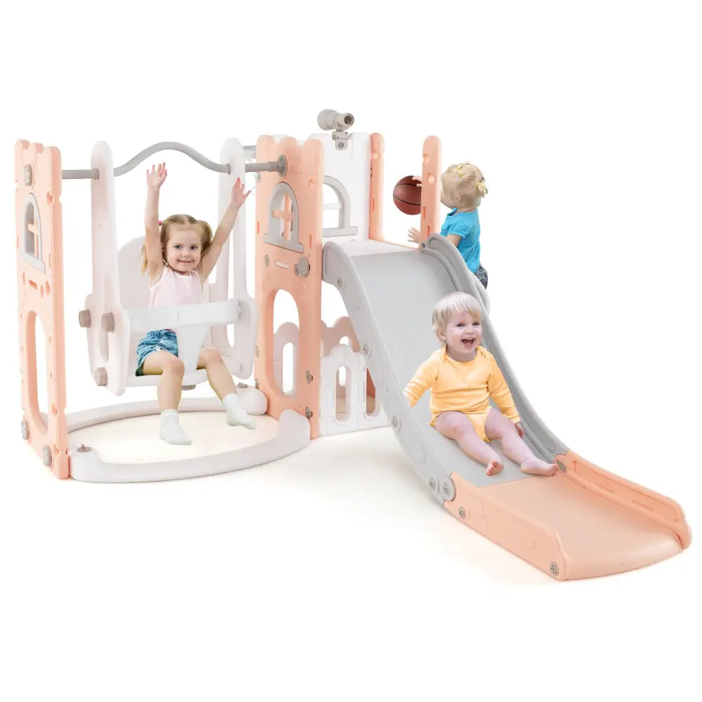 7-in-1 Toddler Swing and Slide Set L-shaped with Ladder and Basketball Hoop-Pink - Pink - Climbers & Slides