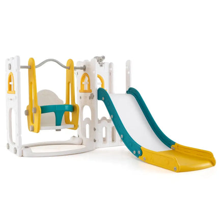 7-in-1 Toddler Swing and Slide Set L-shaped with Ladder and Basketball Hoop-Yellow - Yellow - Climbers & Slides