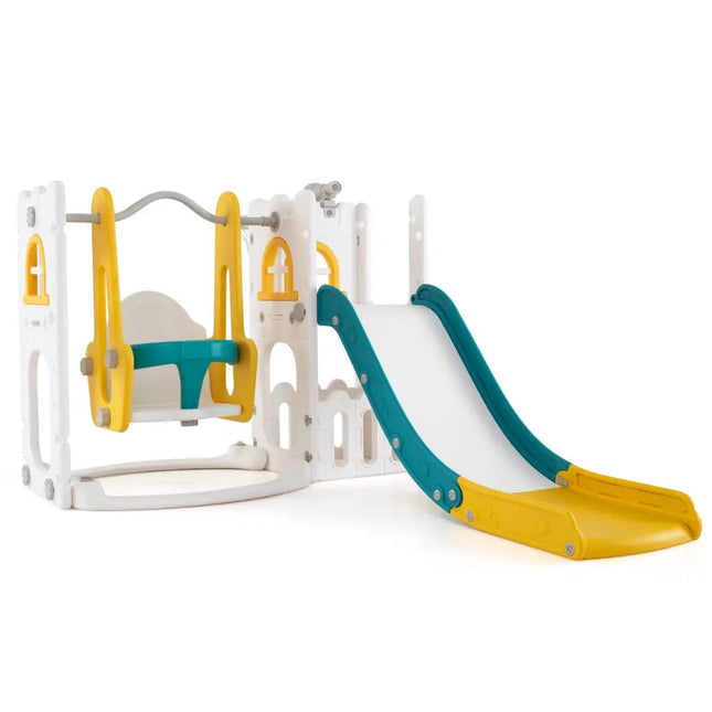 7-in-1 Toddler Swing and Slide Set L-shaped with Ladder and Basketball Hoop-Yellow - Yellow - Climbers & Slides
