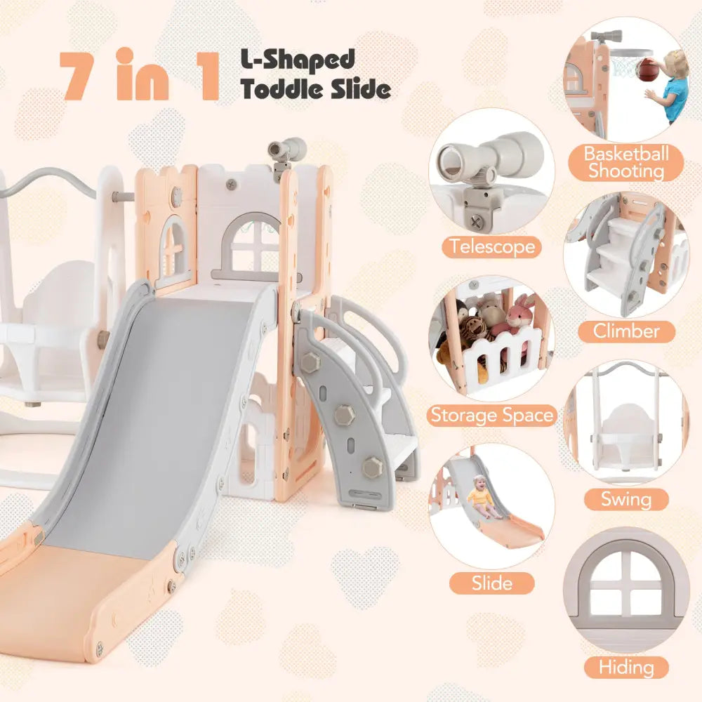 7-in-1 Toddler Swing and Slide Set L-shaped with Ladder and Basketball Hoop-Pink - Pink - Climbers & Slides
