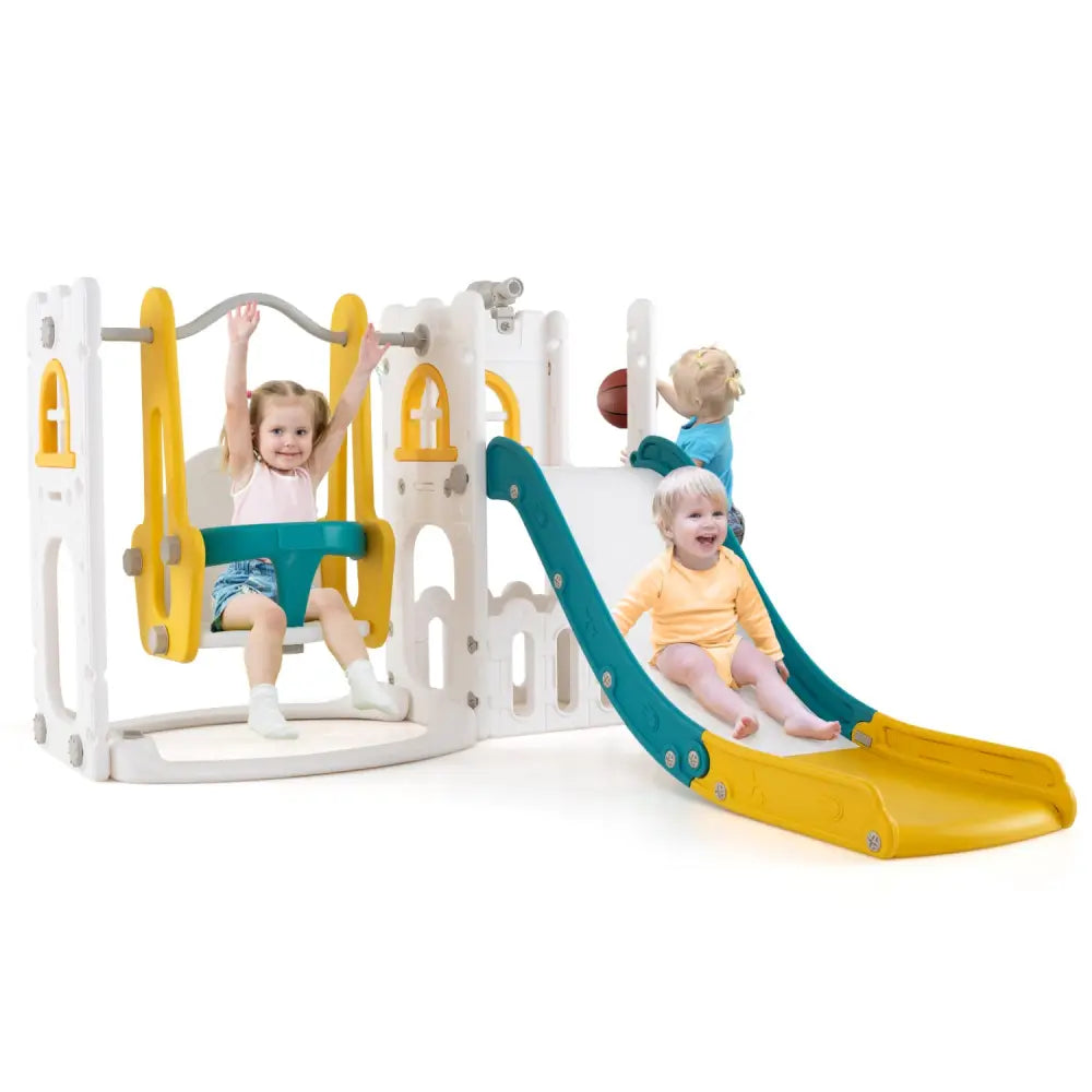7-in-1 Toddler Swing and Slide Set L-shaped with Ladder and Basketball Hoop-Yellow - Yellow - Climbers & Slides