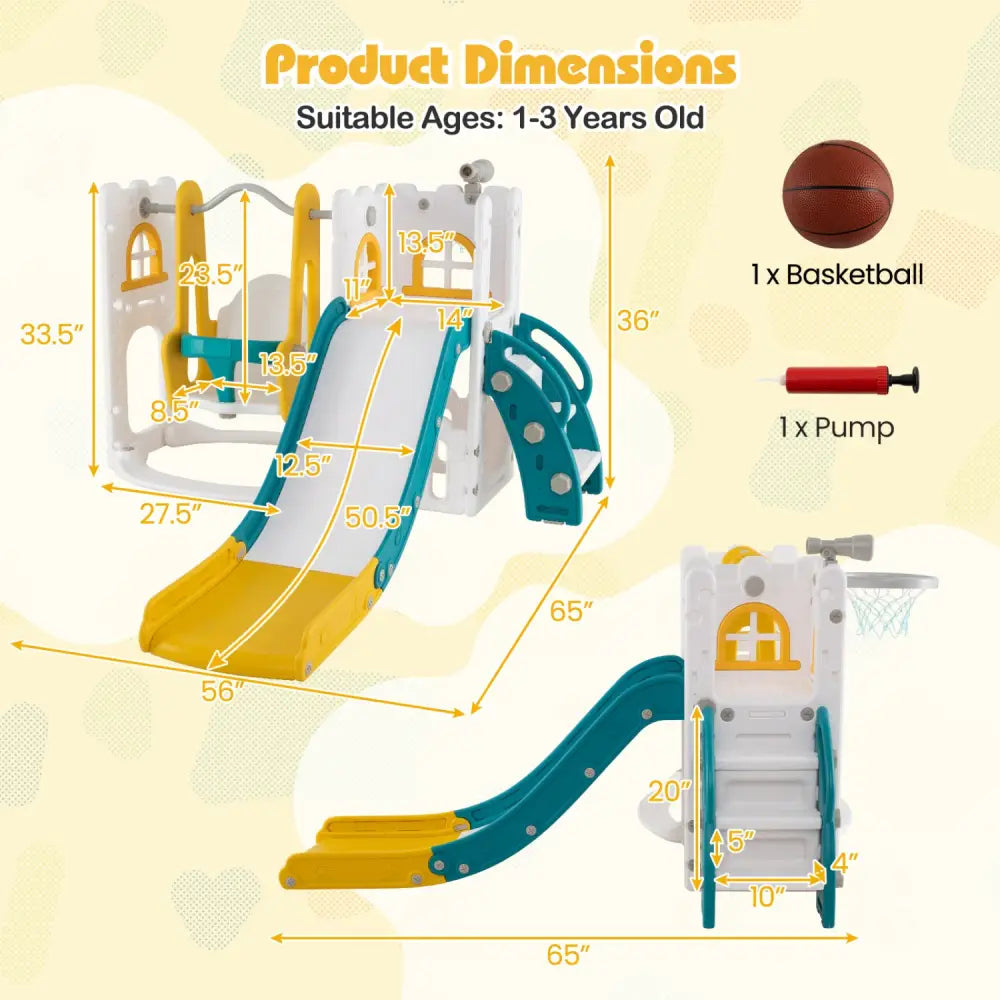7-in-1 Toddler Swing and Slide Set L-shaped with Ladder and Basketball Hoop-Yellow - Yellow - Climbers & Slides