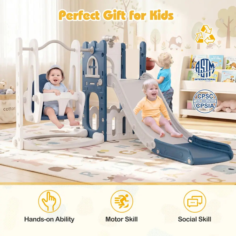7-in-1 Toddler Swing and Slide Set L-shaped with Ladder and Basketball Hoop-Blue - Blue - Climbers & Slides