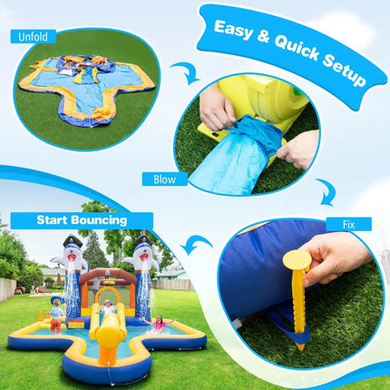 7-In-1 Water Slide Park with Splash Pool and Water Cannon with 680W Blower - Inflatable Water Slides