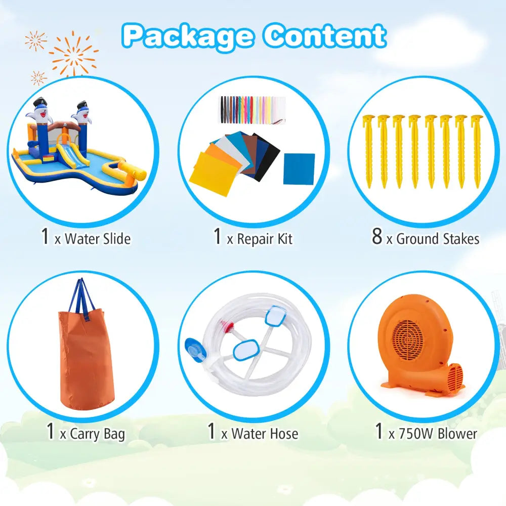 7-In-1 Water Slide Park with Splash Pool and Water Cannon with 680W Blower - Inflatable Water Slides