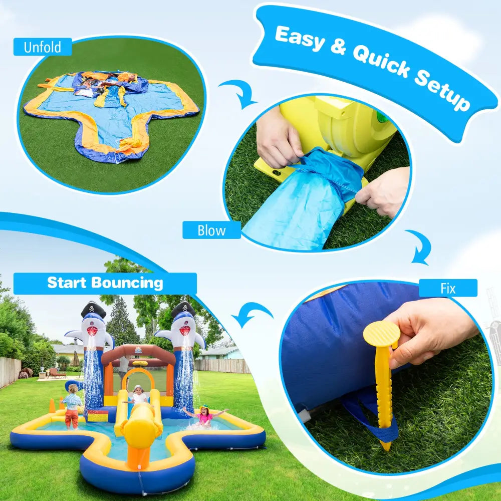 7-In-1 Water Slide Park with Splash Pool and Water Cannon with 680W Blower - Inflatable Water Slides