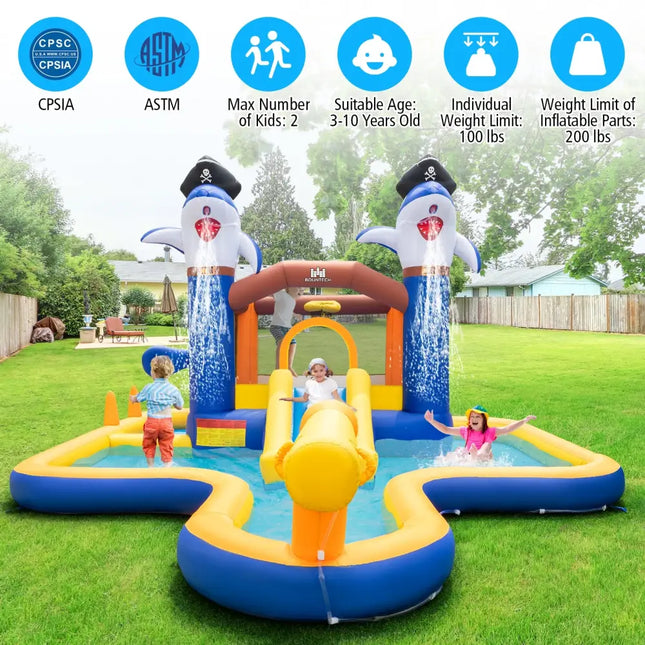 7-In-1 Water Slide Park with Splash Pool and Water Cannon without Blower - Blue - Outdoor Play