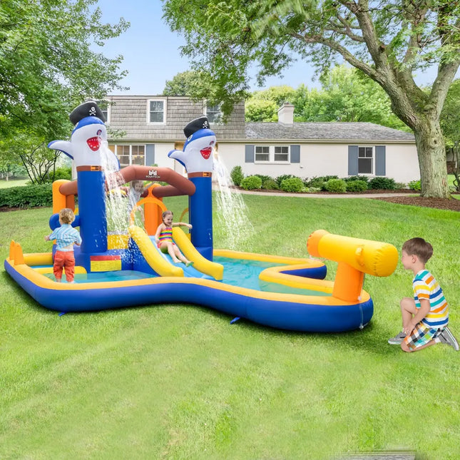 7-In-1 Water Slide Park with Splash Pool and Water Cannon without Blower - Blue - Outdoor Play