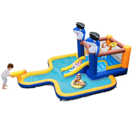 7-In-1 Water Slide Park with Splash Pool and Water Cannon without Blower - Blue - Outdoor Play