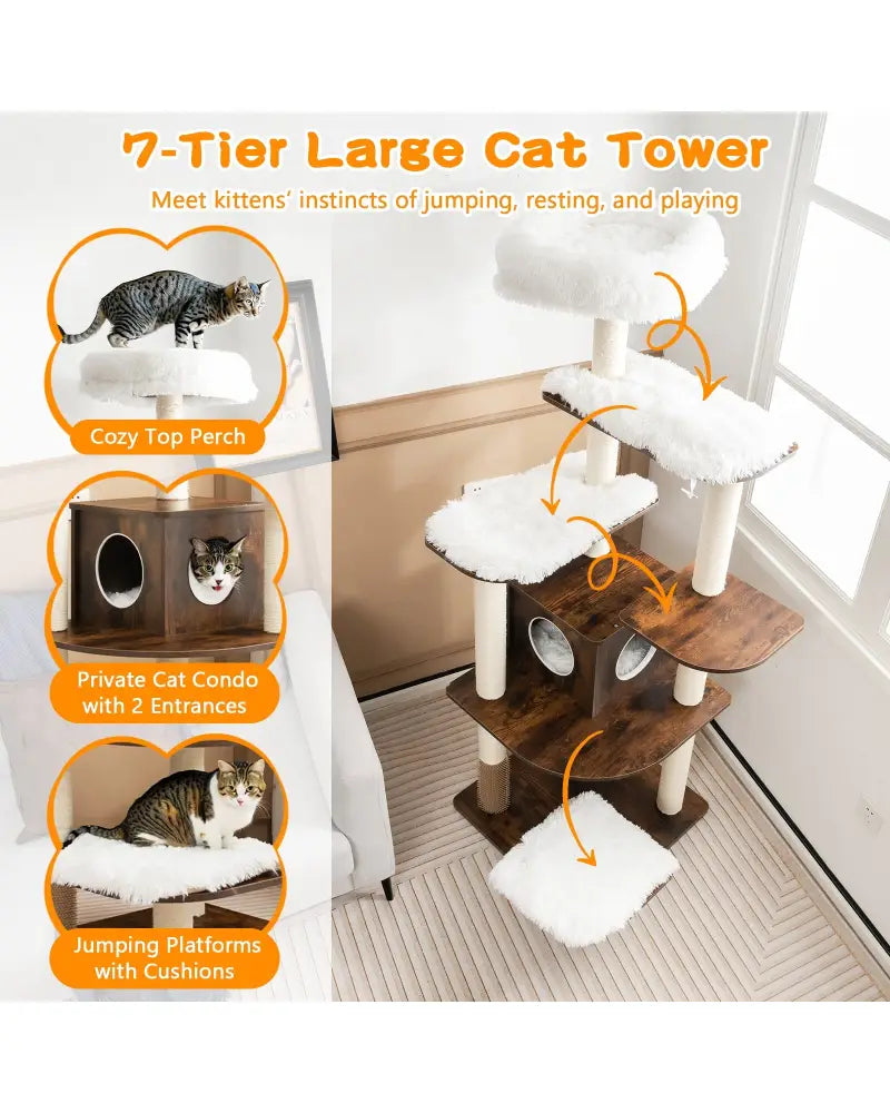 7-Layer Wooden Cat Tree Tall Cat Tower with Sisal Posts and Condo-Brown - Brown - Cat Trees Condos & Scratchers