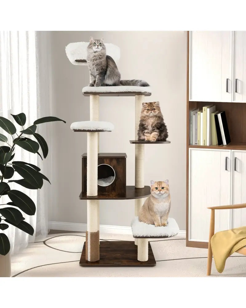 7-Layer Wooden Cat Tree Tall Cat Tower with Sisal Posts and Condo-Brown - Brown - Cat Trees Condos & Scratchers